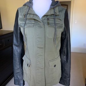Army Green Jacket with Leather Sleeves